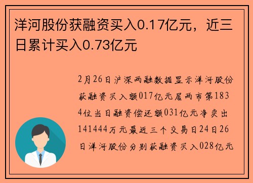 洋河股份获融资买入0.17亿元，近三日累计买入0.73亿元