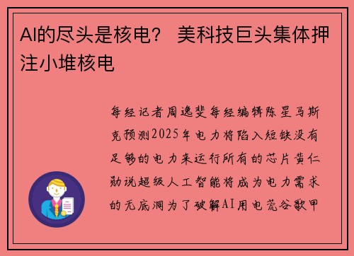 AI的尽头是核电？ 美科技巨头集体押注小堆核电