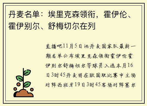 丹麦名单：埃里克森领衔，霍伊伦、霍伊别尔、舒梅切尔在列